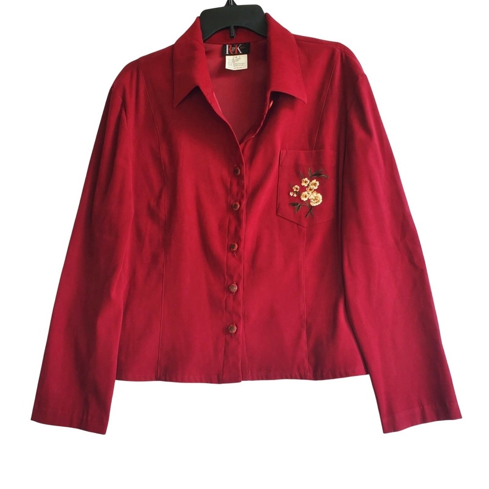 Vtg R&K Originals Red Blazer Jacket‎ Women Size 16 Floral Embroidered Pocket